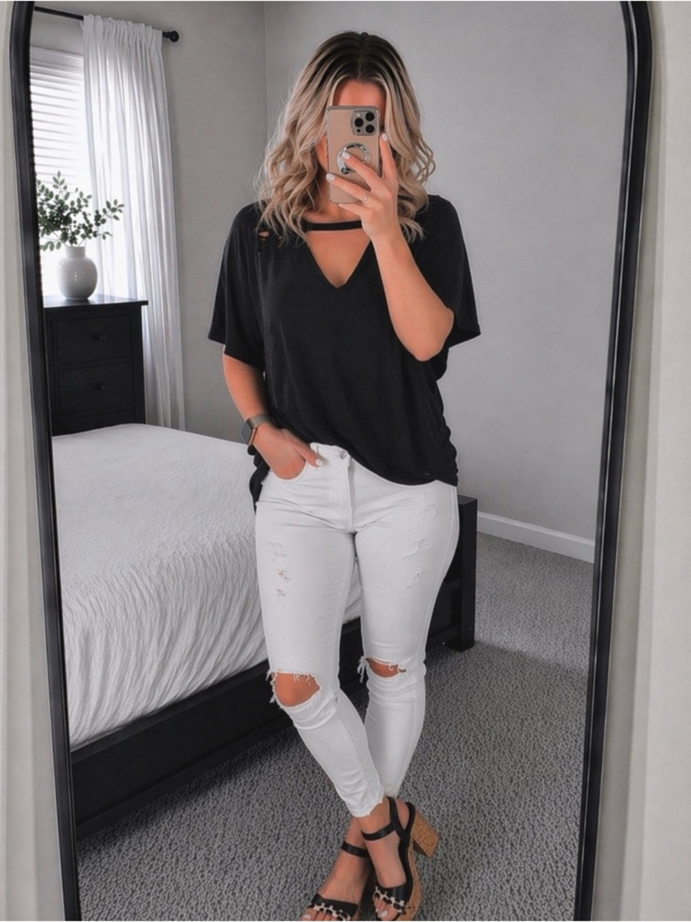 Black Distressed V-Neck Top | Edgy Distressed Cutout Tee | Size Large